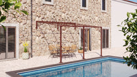 A wrought iron pergola in a garden